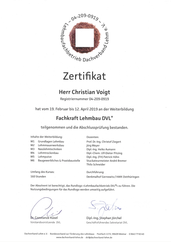 Fachkraft Lehmbau des Dachverbands Lehm e.V.